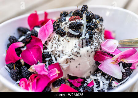 Rose petals flowers ice cream topped with fresh black mulberries berries and chia seeds in bowl with spoon closeup Stock Photo