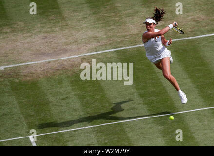 London, Britain. 9th July, 2019. Johanna Konta of Great Britain competes during the women's singles quarterfinal match with Barbora Strycova of Czech Republic at the 2019 Wimbledon Tennis Championships in London, Britain, on July 9, 2019. Credit: Han Yan/Xinhua/Alamy Live News Stock Photo