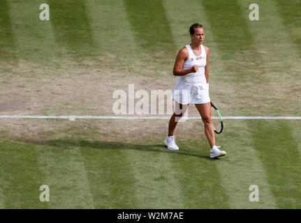 London, Britain. 9th July, 2019. Barbora Strycova of Czech Republic competes during the women's singles quarterfinal match with Johanna Konta of Great Britain at the 2019 Wimbledon Tennis Championships in London, Britain, on July 9, 2019. Credit: Han Yan/Xinhua/Alamy Live News Stock Photo