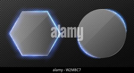 Set of transparent clear glass isolated on transparent background . Blue neon backlight. Diamond and round glass. Vector illustration. EPS 10 Stock Vector