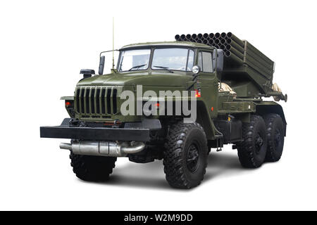 Soviet Multiple Rocket Launcher BM-21 Grad 122 mm mounted on chassis of truck Ural-375D. Isolated on white background. Stock Photo