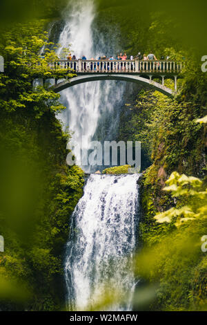 Multnomah Falls is the most visited natural recreation site in the Pacific Northwest, Columbia River Gorge National Scenic Area, Oregon, United States Stock Photo