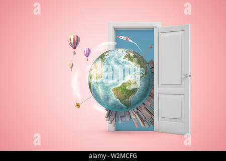 3d rendering of planet Earth with high-rise cities on it, emerging from open door on pink gradient copyspace background. Stock Photo