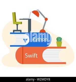 Vector illustration with people on stack of books, studying manual, working on computer. Flat style. Background for the programming landing page. Desi Stock Vector