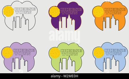 cheese logo with silhouettes of houses in the negative space of the city Stock Vector