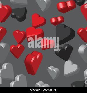 Black Gray Red Colors Hearts Seamless Pattern, 3D Illustration Stock Vector