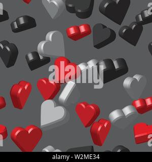 Black Gray Red Colors Hearts Seamless Pattern, 3D Illustration Stock Vector
