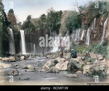 [ 1880s Japan - Shiraito Waterfalls, Shizuoka ] —   Shiraito Waterfall in Fujinomiya, Shizuoka Prefecture. The falls are located near Mt. Fuji. It is on the list of One Hundred Waterfalls of Japan (Nihon no taki hyakusen), a list of Japan's most beatiful falls compiled by the Japanese Ministry of the Environment in 1990 (Heisei 2).  19th century vintage albumen photograph. Stock Photo