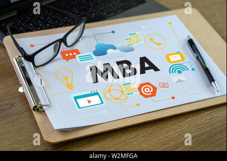 MBA Laptop on table Business Administration program MBA Stock Photo