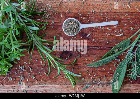 view from above on dried and fresh herbs Stock Photo