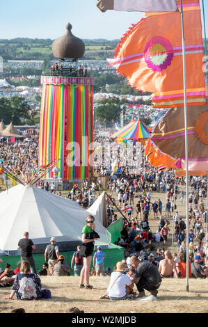 Crowd scenes above the Ribbon Tower at the Glastonbury Festival 2019 in Pilton, Somerset Stock Photo
