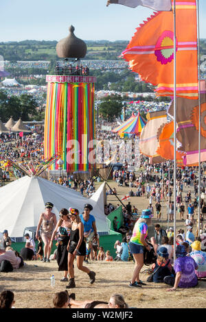 Crowd scenes above the Ribbon Tower at the Glastonbury Festival 2019 in Pilton, Somerset Stock Photo