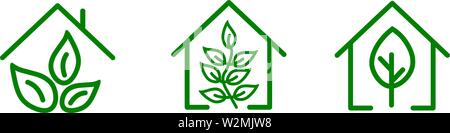 Set of a flat green home with green leaf inside. Vector building symbol. Eco-friendly house.Can be used for logo and poster, icon. Stock Vector