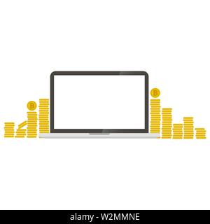 Bitcoin coins with laptop on white back Stock Vector