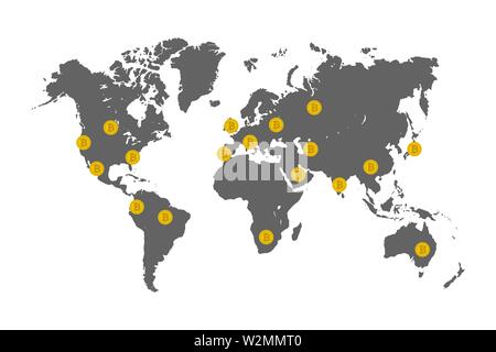 Bitcoin coins on world map. Vector illustration Stock Vector
