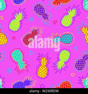 Pineapple seamless pattern. Zine Culture. Neon bright colored pattern. Vector illustration background. For print, textile, web, home decor, fashion, Stock Vector