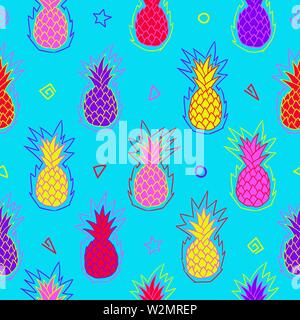 Pineapple seamless pattern. Zine Culture. Neon bright colored pattern. Vector illustration background. For print, textile, web, home decor, fashion, Stock Vector