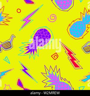Pineapple seamless pattern. Zine Culture. Neon bright colored pattern. Vector illustration background. For print, textile, web, home decor, fashion, Stock Vector