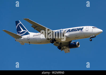 YR-BGB, July 9, 2019, Boeing 737-38J-27180 landing at Paris Roissy Charles de Gaulle airport at the end of Tarom RO381 flight from Bucharest Stock Photo