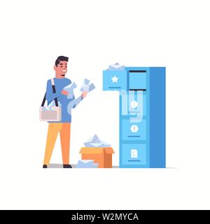 postman putting letter envelopes in mail box post delivery service concept flat full length Stock Vector