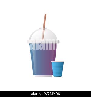 plastic disposable cup for beverage with sphere dome cap and straw flat white background Stock Vector