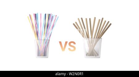colorful drinking plastic vs paper disposable straws in glass zero waste concept flat white background horizontal Stock Vector