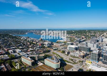 Seattle, WA - June 4, 2019: View of Lake Union during a Spring day as seen from the top of the Space Needle facing North.