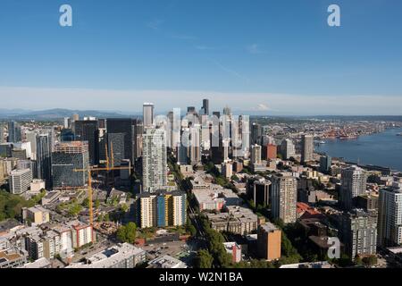 Seattle, WA - June 4, 2019: View of downtown Seattle Washington as seen from the top of the Space Needle.