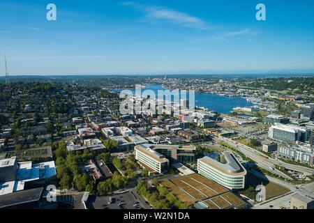 Seattle, WA - June 4, 2019: View of Lake Union during a Spring day as seen from the top of the Space Needle facing North.