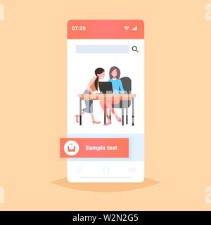 businesswomen coworkers sitting at workplace desk two african american business women using laptop working process teamwork concept smartphone screen Stock Vector