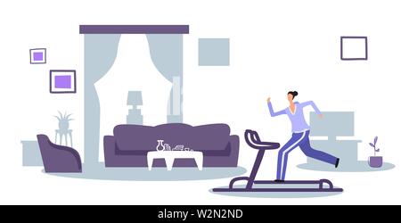 girl running on treadmill sportswoman working out home sport concept female cartoon character full length modern house living room interior horizontal Stock Vector