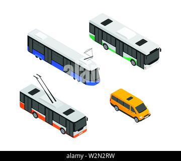 Public transport vehicles - modern vector isometric colorful elements Stock Vector