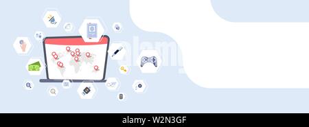 laptop screen with world map location geo tags different computer applications virtual interface concept flat horizontal banner Stock Vector