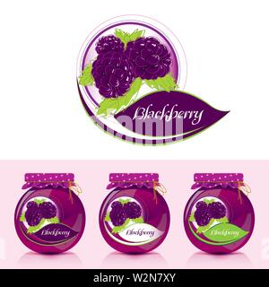 Blackberry jam label with jar Stock Vector