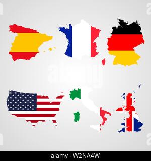 set of map flags Usa, Italy, United Kingdom, Spain, France, Germany Stock Vector