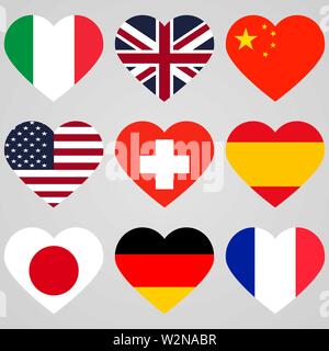 National flags hearts icons set. Vector eps10 Stock Vector
