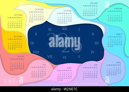 Calendar 2020 with rainbow months, paper cut style. Flexible time concept Week starts on Sunday. Navy blue background, Roman numerals. Vector template Stock Vector
