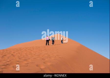 Hikers climbing up a sand dune ridge at Sossusvlei, Namib-Naukluft National Park, Namibia. Stock Photo