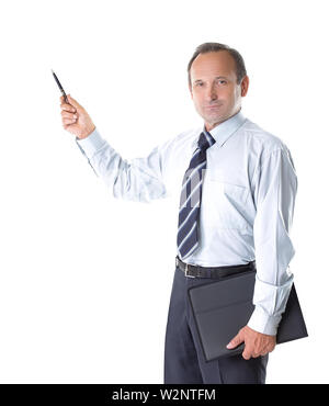 serious businessman pointing marker at copy space.isolated on white background Stock Photo