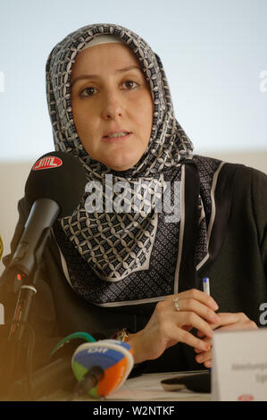 10 July 2019, North Rhine-Westphalia, Cologne: Seyda Can, Head of Department Education, Research and Publication, speaks at a press conference of the Islamic Association Ditib. Photo: Henning Kaiser/dpa Stock Photo