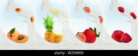 Realistic fruits strawberry, apricot, pineapple, raspberry with milk splashes close up. 3d vector illustration. Set milk splashed and fruits Stock Vector
