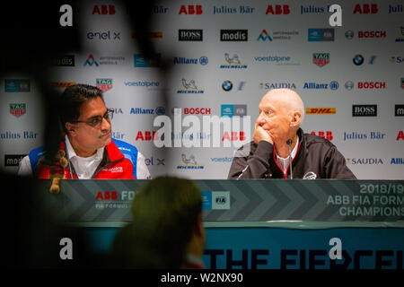 Mahindra Racing team manager Dilbagh Gill and Nissan e.dams team manager Jean- Paul Driot at a press conference ahead of the ABB FIA FOrmula E race in Bern. Stock Photo