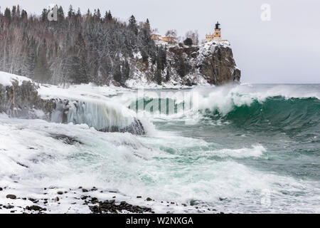 Waves striking shoreline of Lake Superior, Split Rock Lighthouse State Park, February, Lake County, MN, USA, by Dominique Braud/Dembinsky Photo Assoc Stock Photo