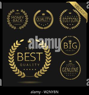 Golden Laurel wreath label badge set isolated. Best quality, best offer, best buy. Vector illustration Stock Vector