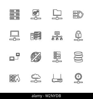 Network Servers outline icons set - Black symbol on white background. Network Servers Simple Illustration Symbol - lined simplicity Sign. Flat Vector Stock Vector