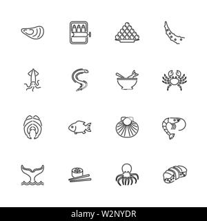 Sea Food, Restaurant Menu outline icons set - Black symbol on white background. Sea Food, Restaurant Simple Illustration Symbol - lined simplicity Sig Stock Vector