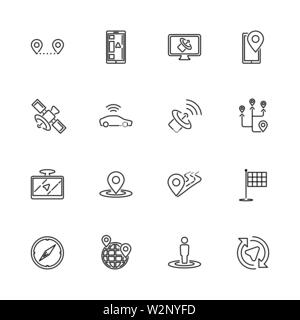 Satelite, Route GPS outline icons set - Black symbol on white background. Satelite, Route GPS Simple Illustration Symbol - lined simplicity Sign. Flat Stock Vector