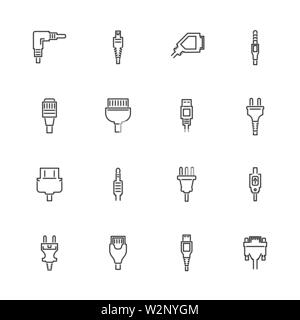 Plug, Cable outline icons set - Black symbol on white background. Planes, Plug, Cable Simple Illustration Symbol - lined simplicity Sign. Flat Vector Stock Vector