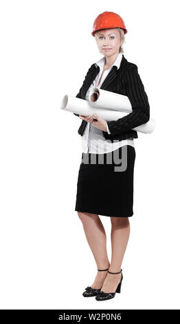 portrait of a female architect with blueprints .isolated on white.photo with copy space Stock Photo