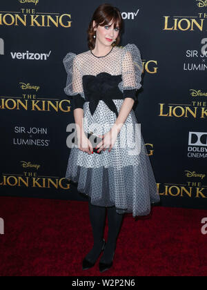Hollywood, United States. 09th July, 2019. HOLLYWOOD, LOS ANGELES, CALIFORNIA, USA - JULY 09: Actress Zooey Deschanel arrives at the World Premiere Of Disney's 'The Lion King' held at the Dolby Theatre on July 9, 2019 in Hollywood, Los Angeles, California, United States. (Photo by Xavier Collin/Image Press Agency) Credit: Image Press Agency/Alamy Live News Stock Photo